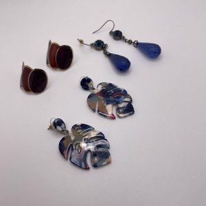 Lot Of 3 Costume Earrings Pierced Dangle Drop / Half Hoop Mix Blue Color On All